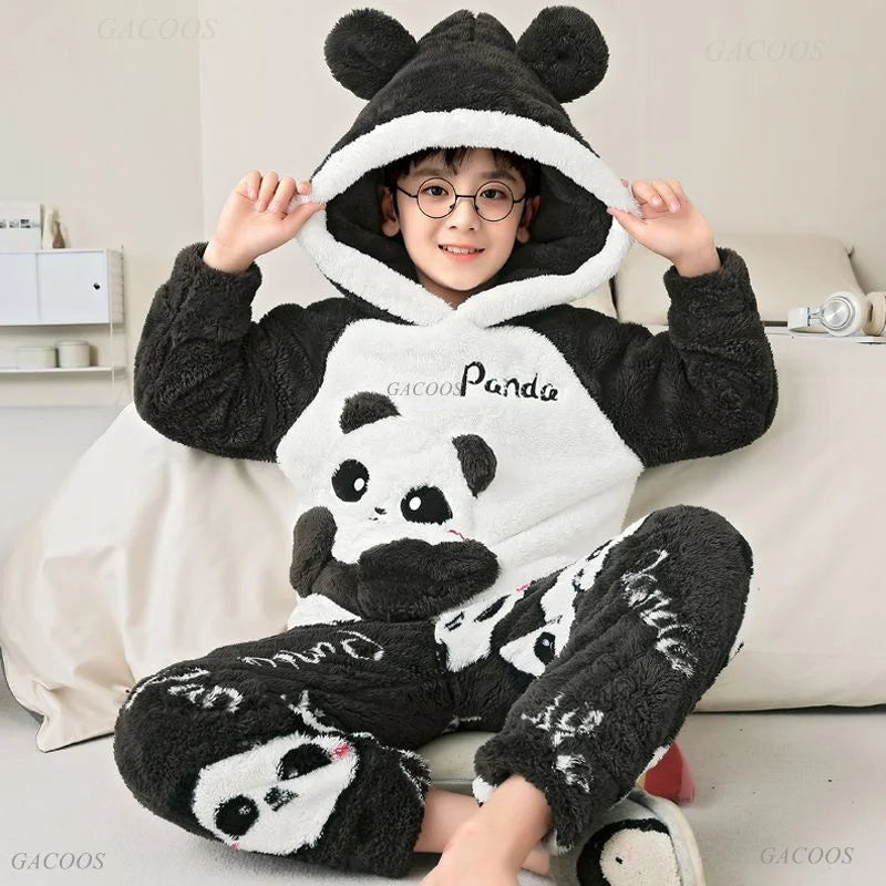 Winter Kids Fleece Pajamas Panda Children Clothing Sets Thick Hooded Pijamas for 4 6 8 12 Years Animal Cartoon Warm Home Clothes