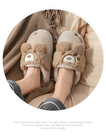 Women Winter Home Slippers Non-Slip Soft Warm House Shoes Men Ladies Indoor Bedroom Couples Cartoon Rabbit Bear Floor Slides