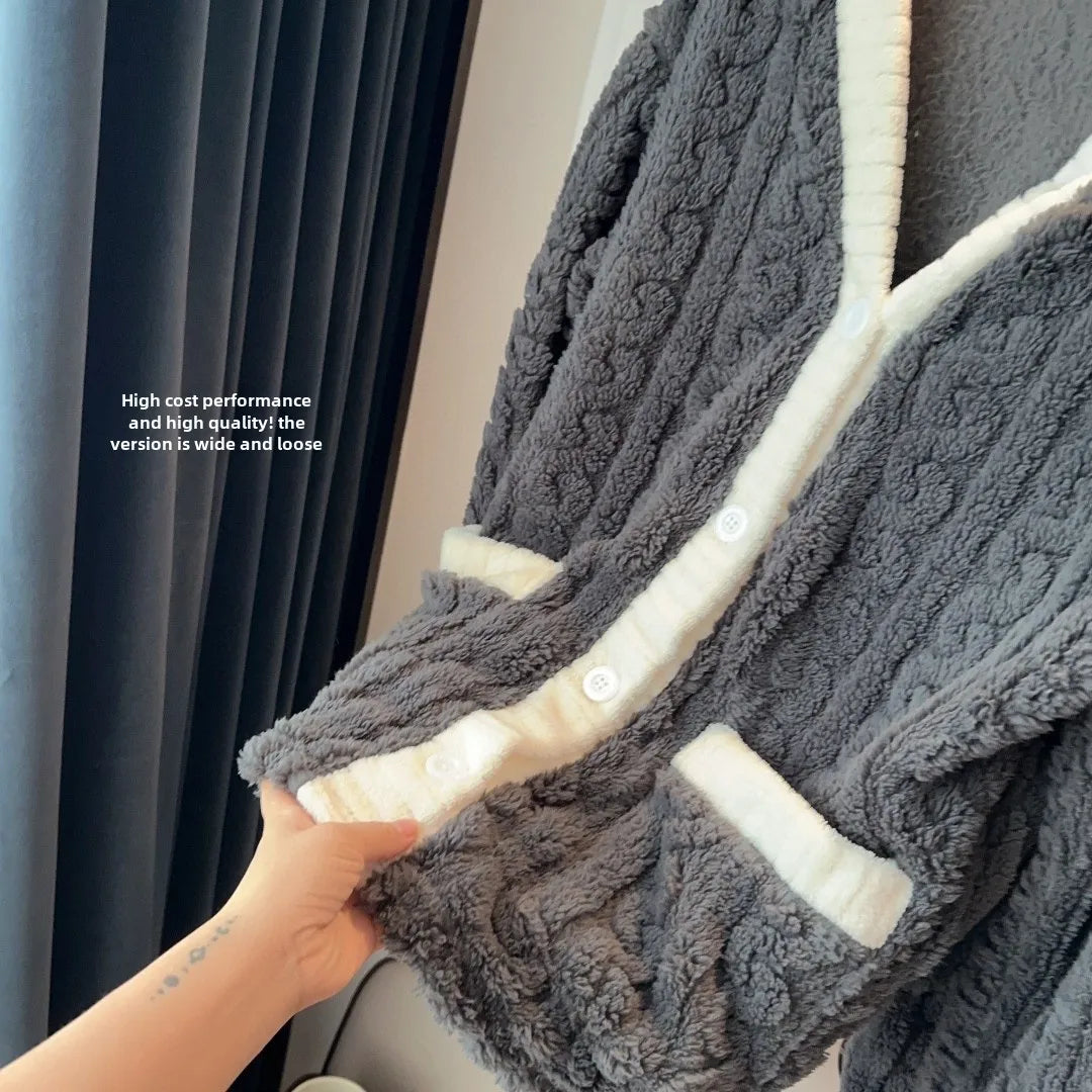 2pcs/Set Autumn and Winter Pajamas Women Thickened Padded Warm Students Coral Girls Clot Velvet Suit Homewear Cardigan Trousers