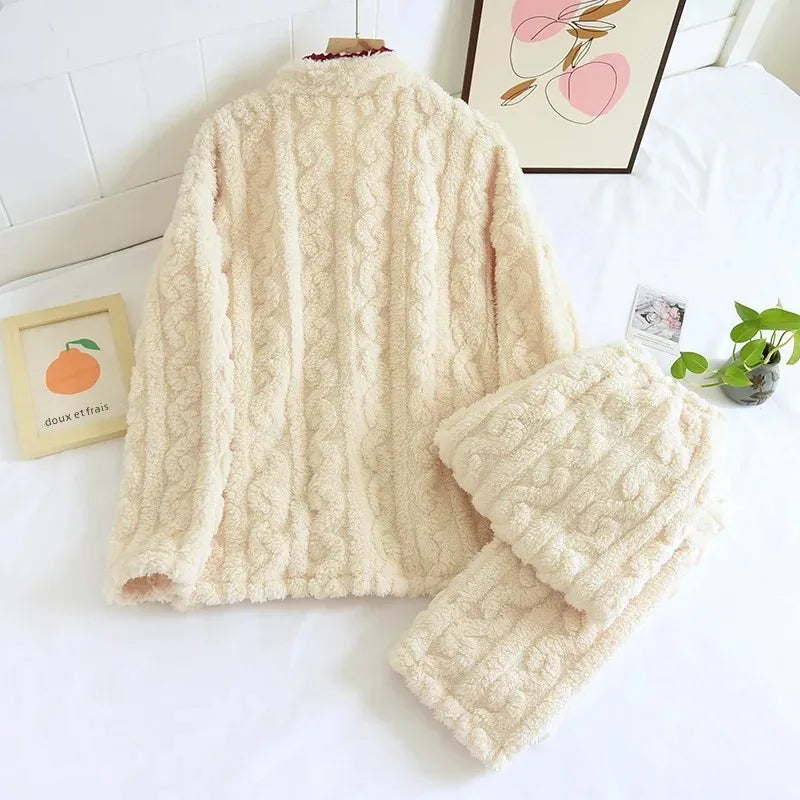 Thickened Flannel Sleepwear Set for Women Long Sleeve Long Pants Embroidered Home Clothes Soft Comfortable Winter Outfit