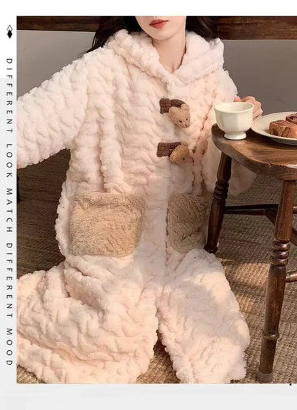 Korean Style Long Hooded Coral Fleece Sleepwear Women's Thickened Autumn Winter New Arrival Comfortable Home Leisure Robe