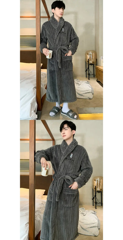 Turn-down V-neck Robes for Men 2025 New Winter Warm Flannel Robes Solid Soft Thick Fleece Sleepwear Male Casual Loose Home Wear