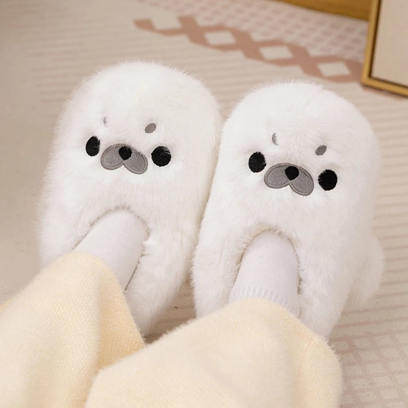Little Seal Fluffy Home Slippers Anti-Slip Indoor Floor Shoes Cartoon Cute Plush Thicken Warm Cotton Shoes