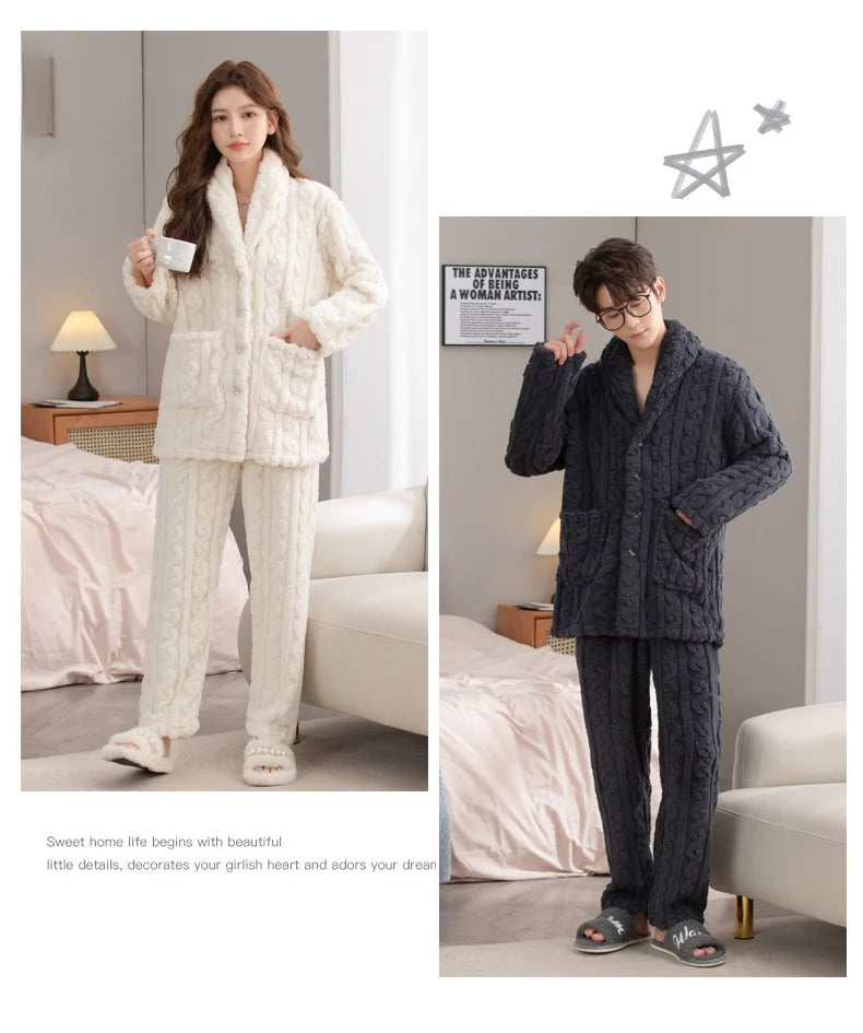 Thickened Coral Fleece Flannel Pajamas Set for Men And Women Home Clothes Comfortable Long Sleeve Sleepwear Winter Autumn