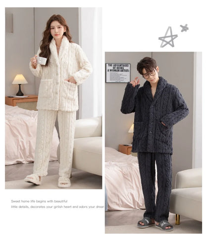 Thickened Coral Fleece Flannel Pajamas Set for Men And Women Home Clothes Comfortable Long Sleeve Sleepwear Winter Autumn