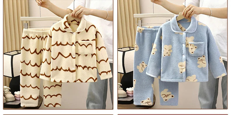 Boys Girls Autumn Winter Soft Flannel Pajamas Sets Toddler Baby Cute Cartoon Lapel Coat with Pants Pyjamas Kids Casual Sleepwear