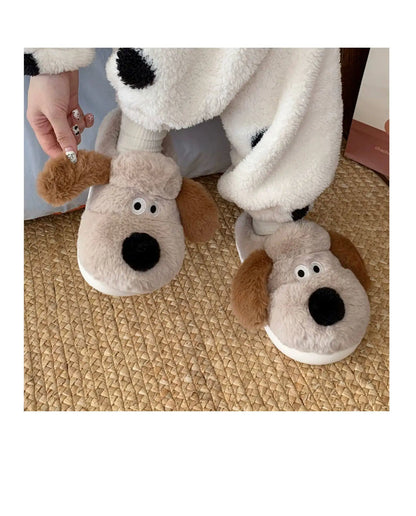 Women Home Soft Sole Cotton Slippers Cartoon Cute Dog Fluffy Slippers Female Winter Slides Ladies Plush Indoor Flats Flip Flops