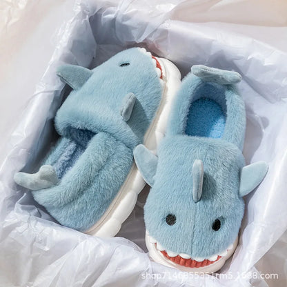 Warm Anti-Slip Plush Slippers Shark Style Women's Winter Home Wear Outdoor Fashionable Cotton Shoes Men's Comfortable Slip-On
