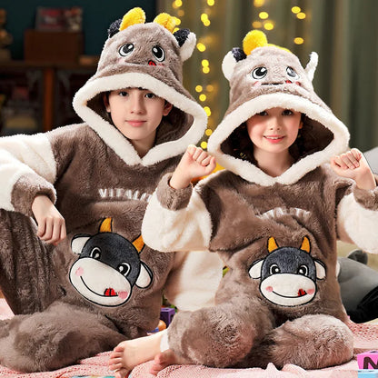 Winter Kids Fleece Pajamas Panda Children Clothing Sets Thick Hooded Pijamas for 4 6 8 12 Years Animal Cartoon Warm Home Clothes