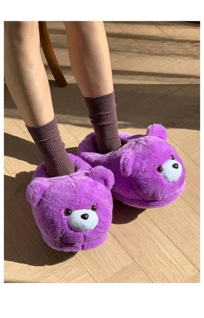 2025 Women's Home Slippers Sweet Fluffy Rainbow Bear Lady slippers indoor Anti slip lightweight keep warm Winter House Shoes 44