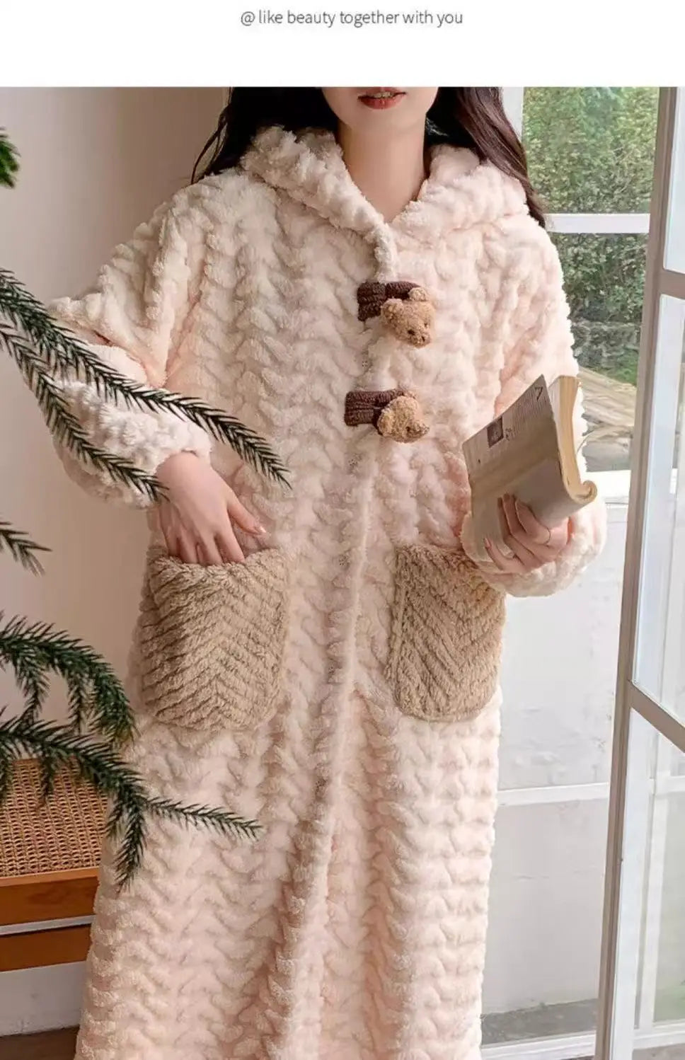 Korean Style Long Hooded Coral Fleece Sleepwear Women's Thickened Autumn Winter New Arrival Comfortable Home Leisure Robe