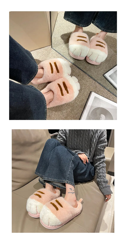 New Adorable Kitty Claw Slippers Women's Home Shoes Non Slip Furry Mules Female Fashion Warm Fluffy Slides Outdoor Cat Slippers