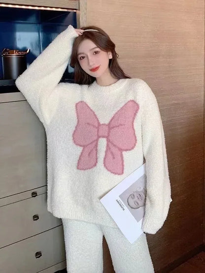 2024 New Women's Sleepwear Autumn/Winter Thickened Fleece-Lined Sweet Cute Coral Velvet Home Suit Cross-Border