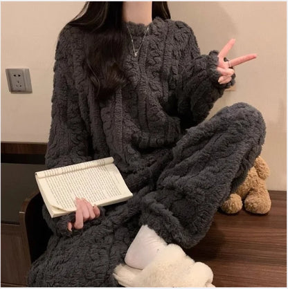 Autumn Winter Sweet Coral Fleece Pajamas Women Fleece-lined Thickened 2025 New Zip-up Flannel Warm Home Wear Set