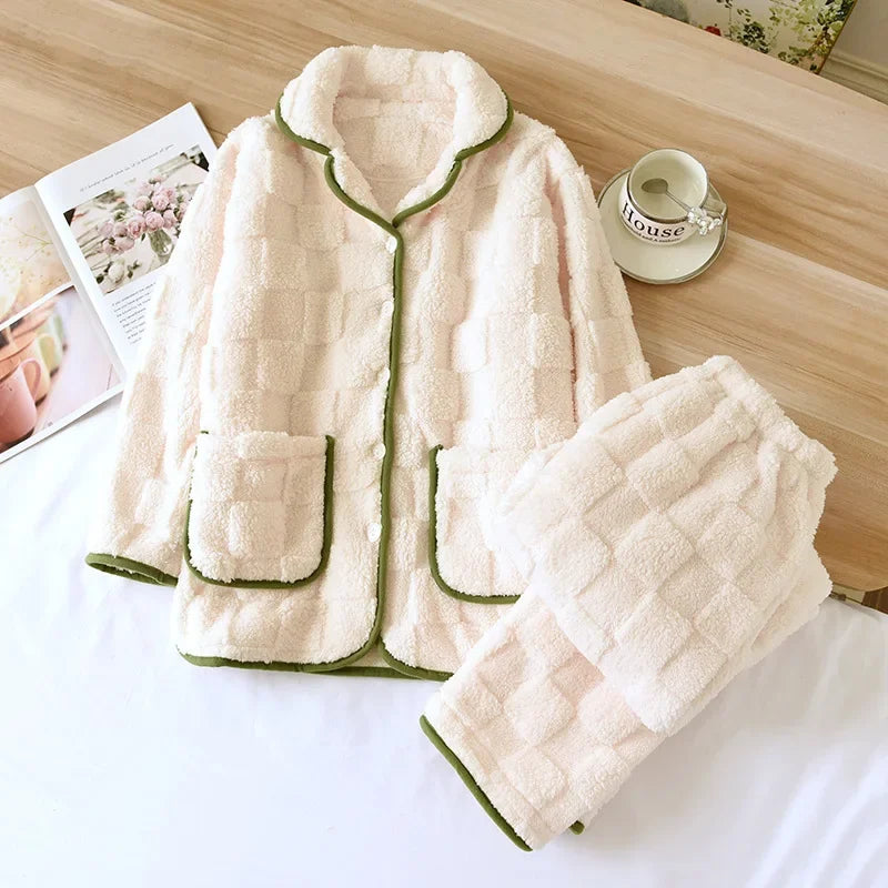 Thickened Flannel Sleepwear Long Sleeve Home Clothes Set for Couples Autumn Winter Warm Home Clothes Polyester Fiber