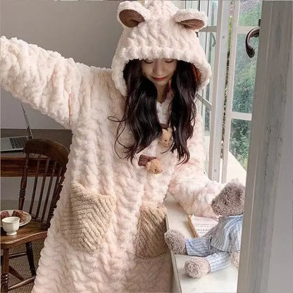 Korean Style Long Hooded Coral Fleece Sleepwear Women's Thickened Autumn Winter New Arrival Comfortable Home Leisure Robe
