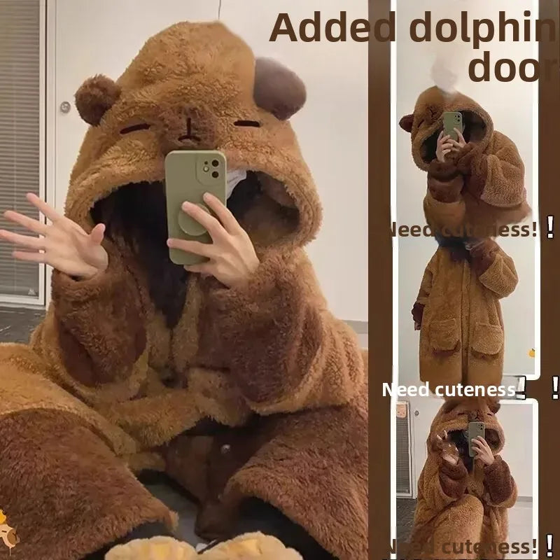 Cute Plush Bear Robe Women's Autumn Winter Coral Fleece Thickened One-Piece Sleepwear Home Clothes Robe Comfortable Homewear