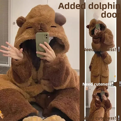 Cute Plush Bear Robe Women's Autumn Winter Coral Fleece Thickened One-Piece Sleepwear Home Clothes Robe Comfortable Homewear