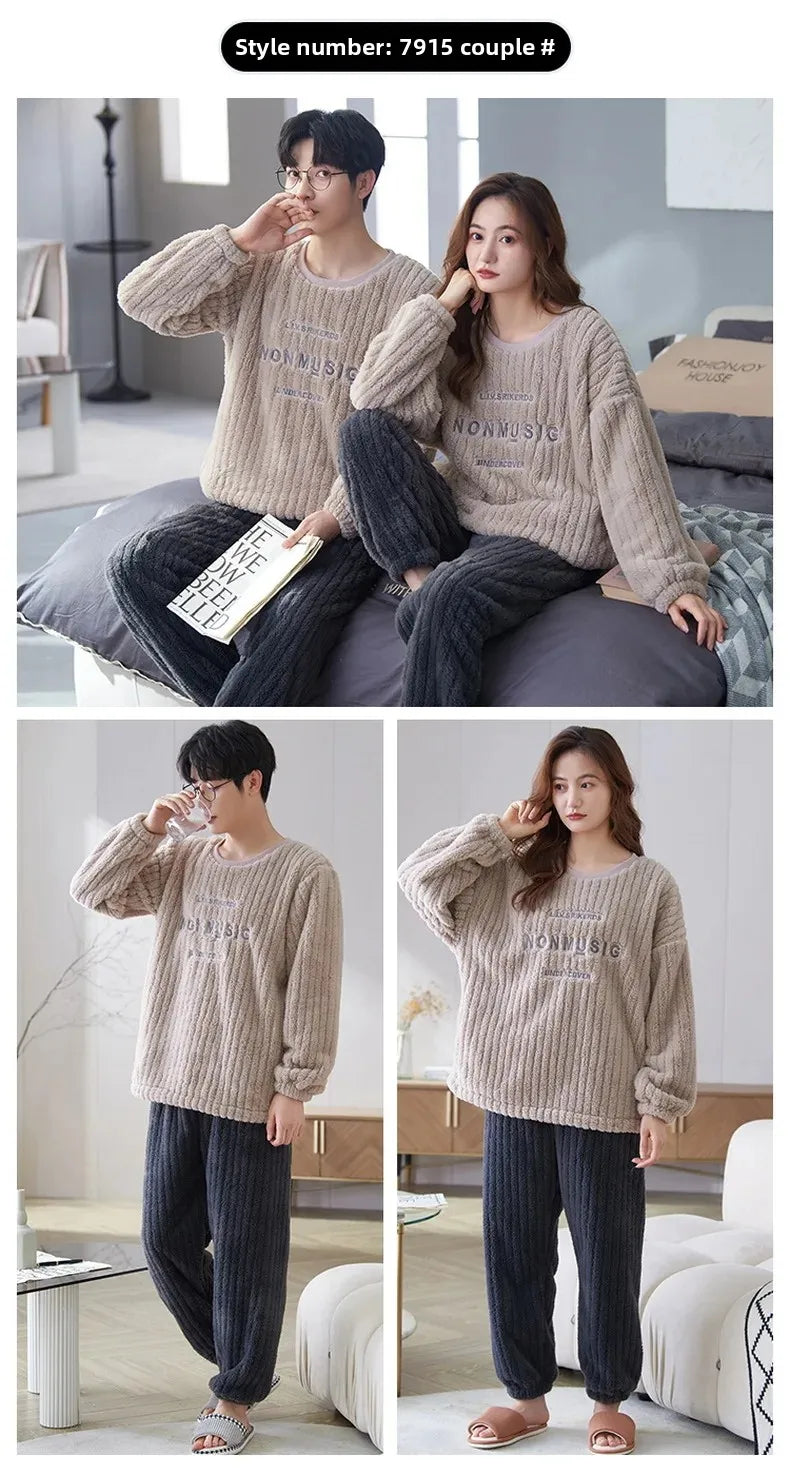 Thickened Coral Fleece Long Sleeve Sleepwear for Couples Spring Autumn Winter Flannel Warm Home Clothes Men Women Winter Home Py