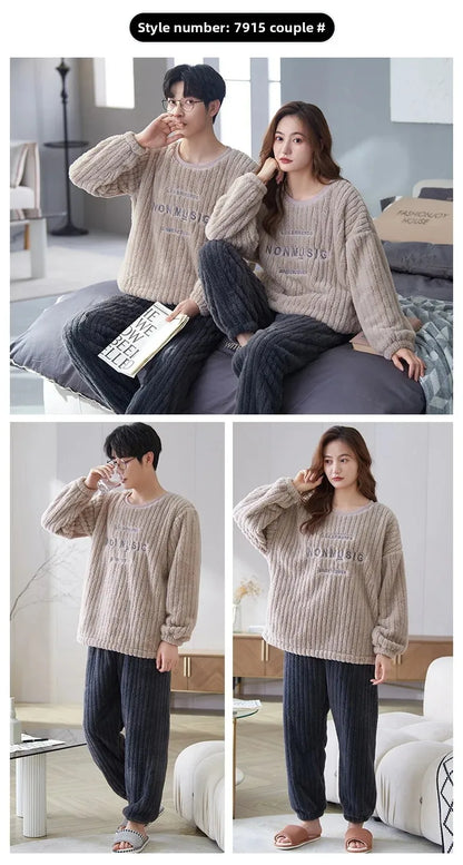 Thickened Coral Fleece Long Sleeve Sleepwear for Couples Spring Autumn Winter Flannel Warm Home Clothes Men Women Winter Home Py