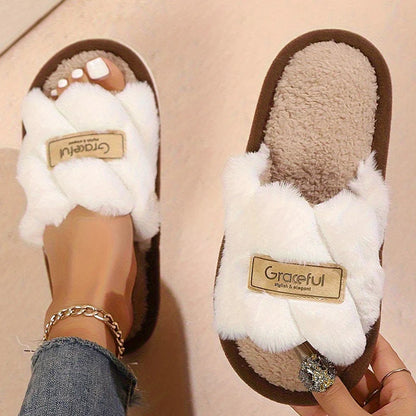 Women's Plush Fuzzy Slippers Home Fur Open-Toe Slides Autumn Winter Indoor Silent Comfort EVA Soft-Soled Bedroom Warm Flip Flops