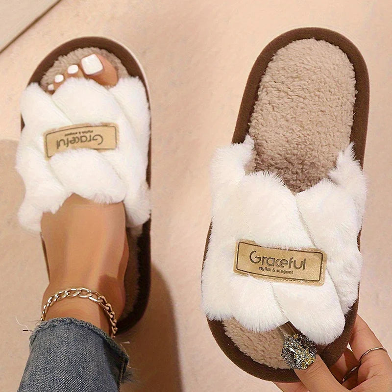 Women's Plush Fuzzy Slippers Home Fur Open-Toe Slides Autumn Winter Indoor Silent Comfort EVA Soft-Soled Bedroom Warm Flip Flops