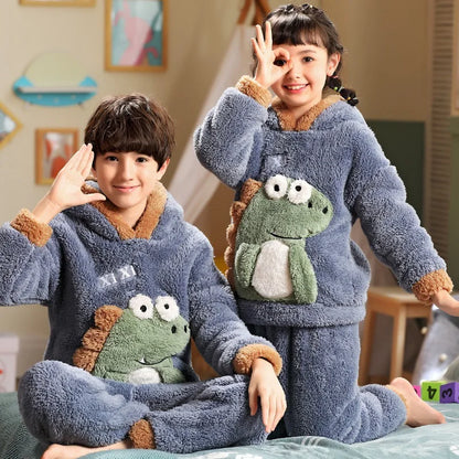 Winter Kids Fleece Pajamas Panda Children Clothing Sets Thick Hooded Pijamas for 4 6 8 12 Years Animal Cartoon Warm Home Clothes