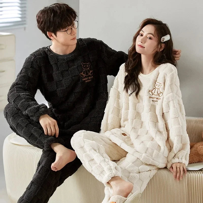 Thickened Coral Fleece Long Sleeve Sleepwear for Couples Spring Autumn Winter Flannel Warm Home Clothes Men Women Winter Home Py