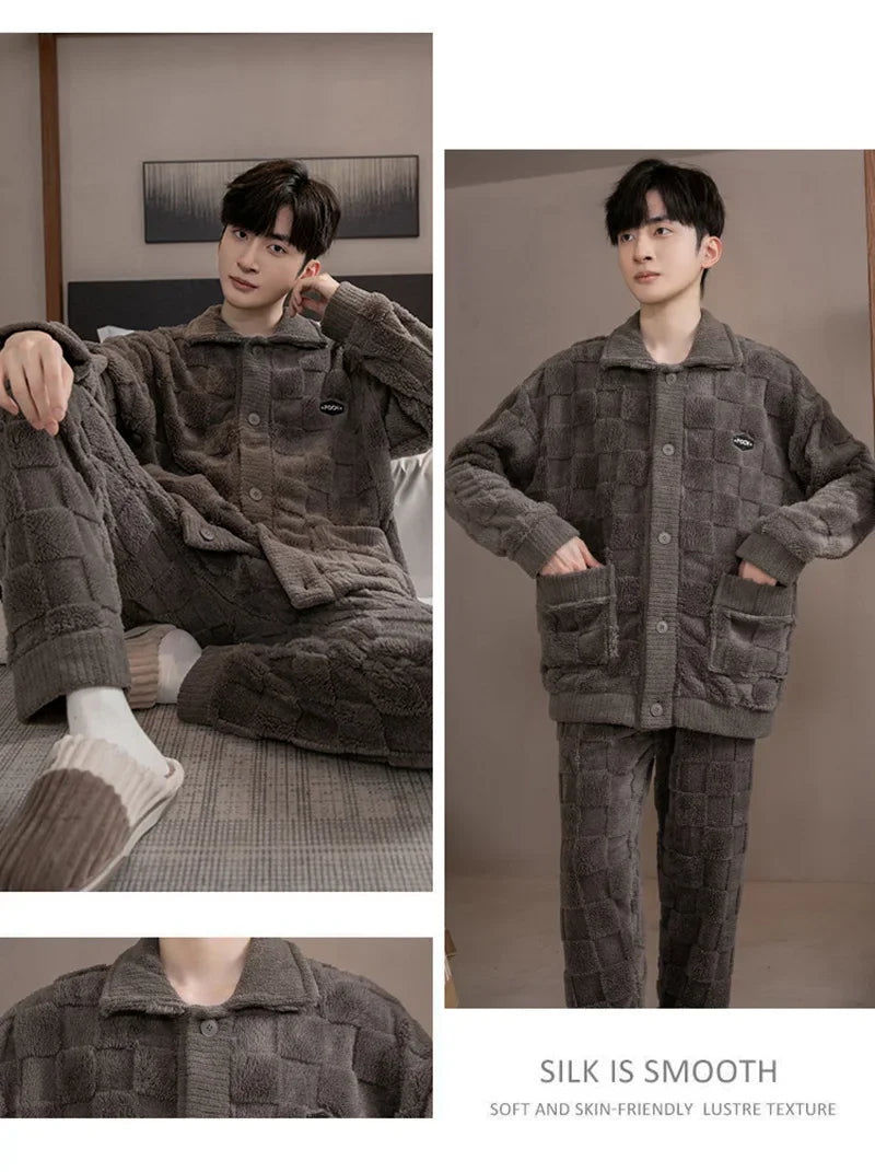 2Pcs/set men's pajamas autumn and winter padded and thickened warm long-sleeved trousers coral fleece homewear men's clothing