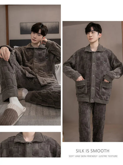 2Pcs/set men's pajamas autumn and winter padded and thickened warm long-sleeved trousers coral fleece homewear men's clothing