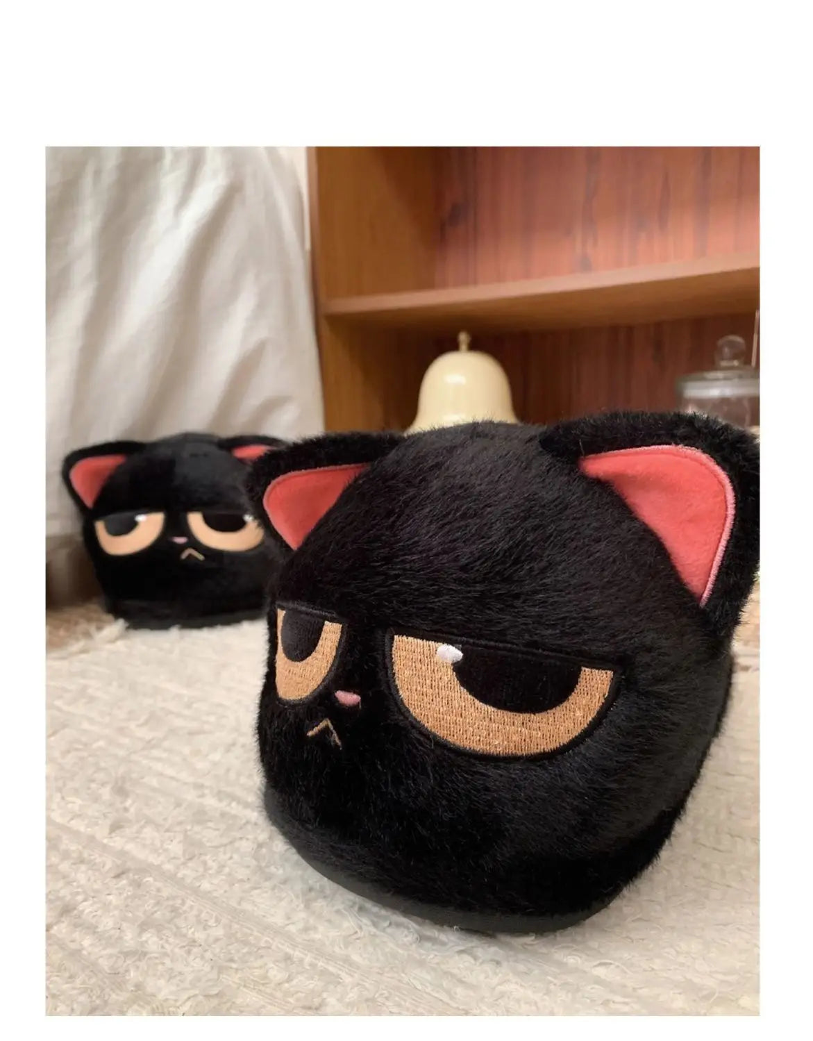 Winter black unhappy kitty slippers women men indoor home slides shoes ladies fun fuzzy kitten slipper cat lovers indoor shoes