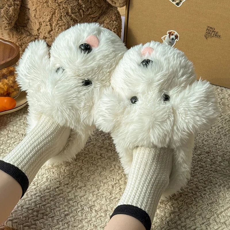 Fluffy Cartoon Women's Home Slippers Winter Cute Plush Luxury Designer Woman Shoes Flats Indoor Casual Fuzzy Fur Slides Elegant
