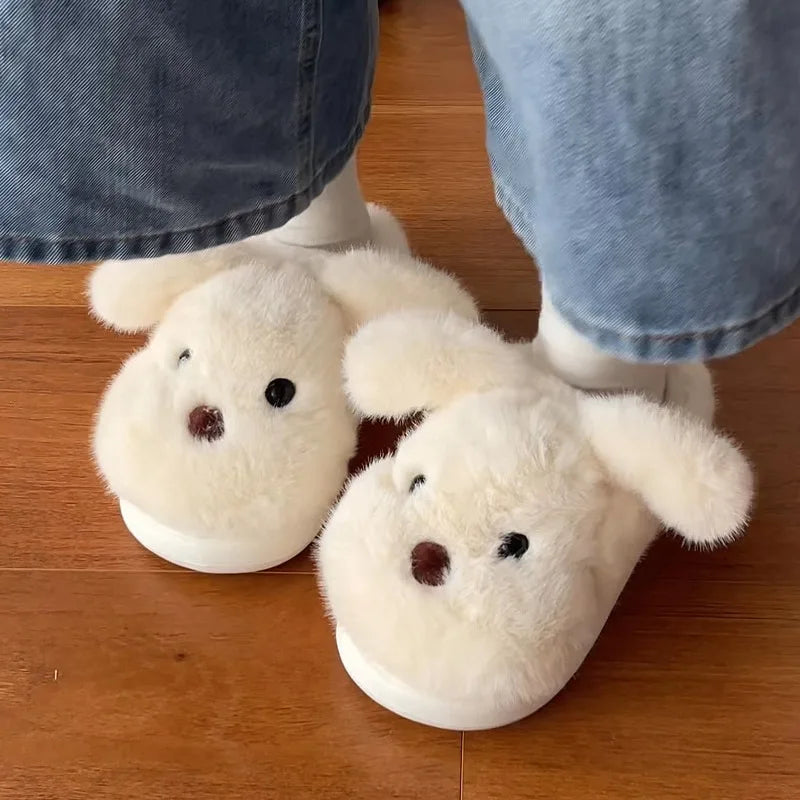 White fluffy dog slippers home cute animal girls flip flops woman home use floor mules warm winter plush puppy shoes