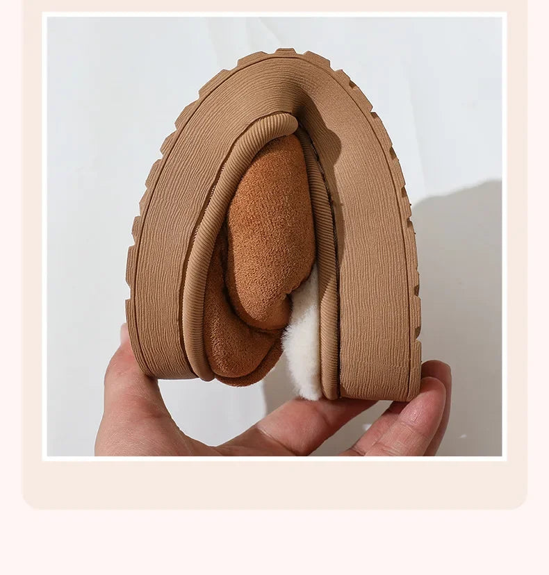 Women's plush slippers winter outdoor, thick sole non-slip fur flip flops with fur collar, warm unisex house shoes for home use