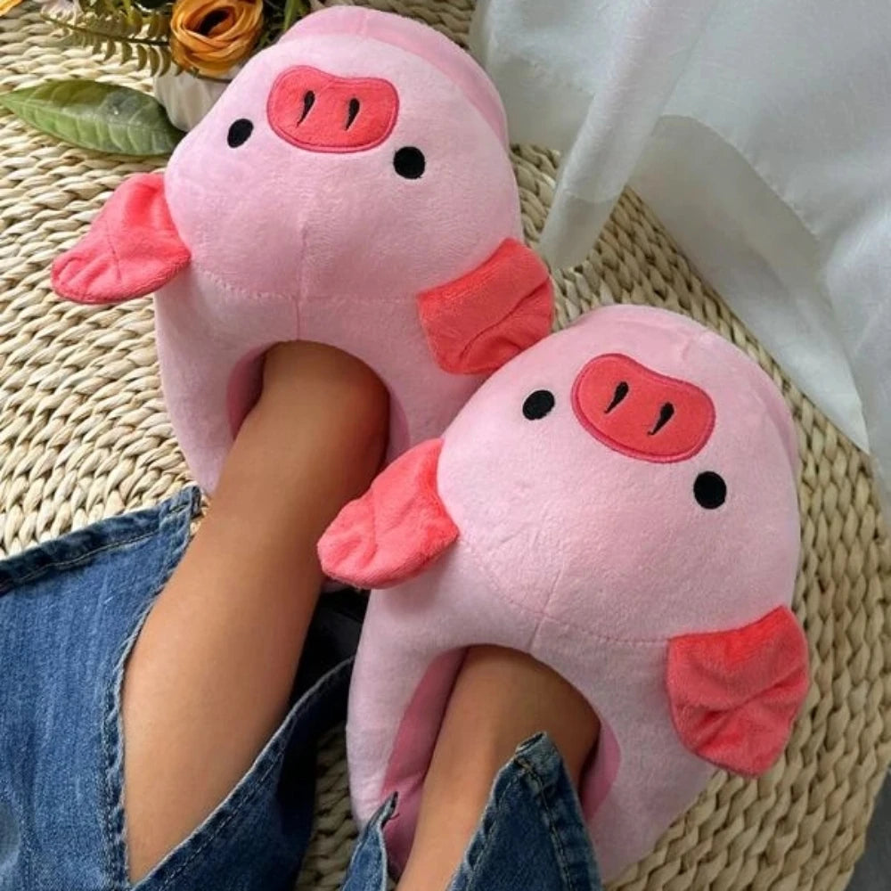 Women's House Fur Slippers Casual Cute 3D-shaped Lovely Pig Shark Design Pink Winter Indoor Non-slip Warm Soft Soles Comfy Home