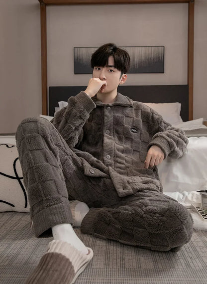 2Pcs/set men's pajamas autumn and winter padded and thickened warm long-sleeved trousers coral fleece homewear men's clothing