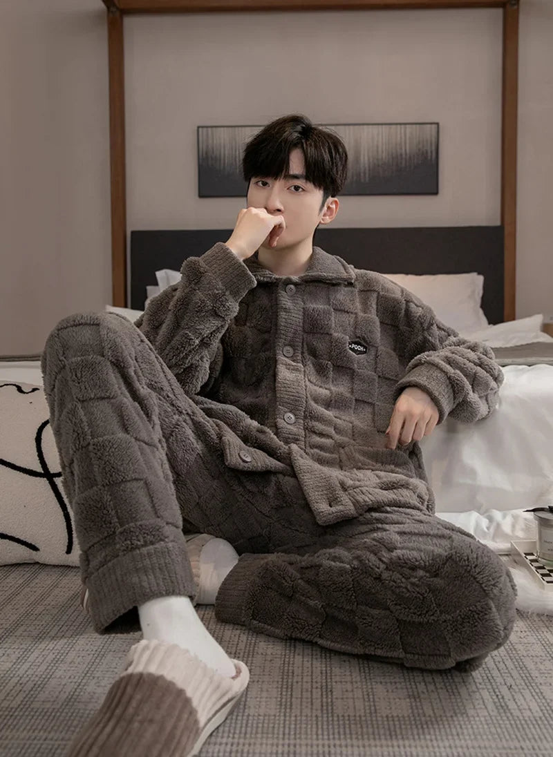 2Pcs/set men's pajamas autumn and winter padded and thickened warm long-sleeved trousers coral fleece homewear men's clothing