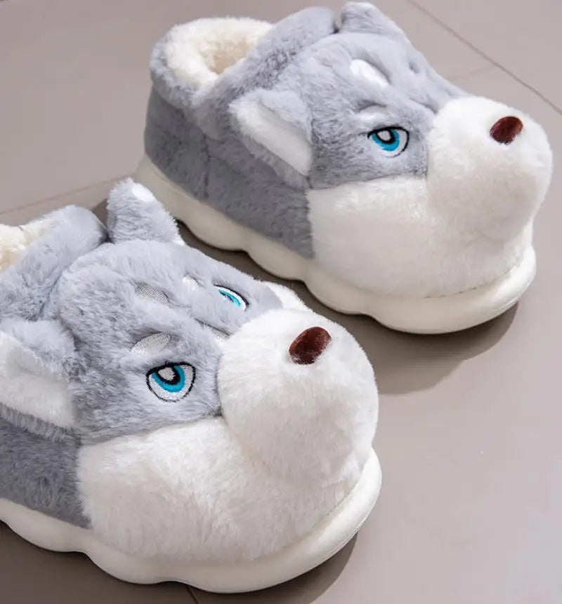 Women Indoor Cotton Slippers Cute Cartoon Dog Winter Warm Shoes Couples Home Floor Slides Anti-slip  Female Male House Footwear