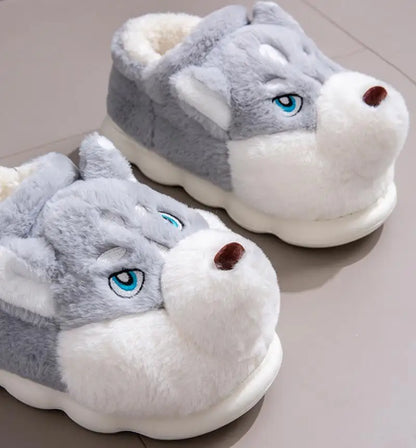 Women Indoor Cotton Slippers Cute Cartoon Dog Winter Warm Shoes Couples Home Floor Slides Anti-slip  Female Male House Footwear