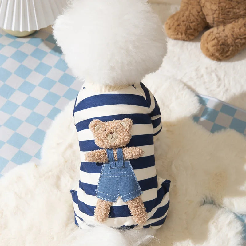 Striped Pet Dog Jumpsuit Spring Autumn Medium Small Dog Clothes Cute Bear Pattern Pet Pajamas Kitten Puppy Sweatshirt Dog Coat