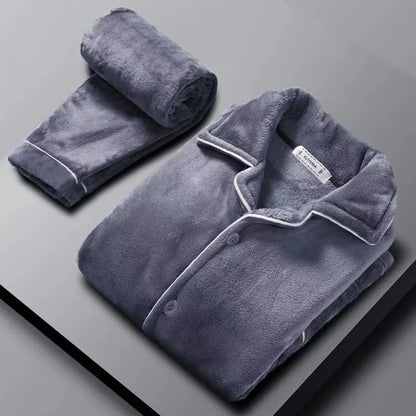 Autumn Winter Long Sleeve Thicked Warm Flannel Pajama Sets for Men Cozy Coral Velvet Sleepwear 2 Pieces Man Lounge Homewear Suit