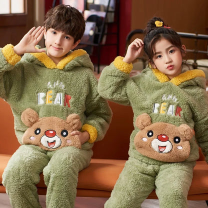 Winter Kids Fleece Pajamas Panda Children Clothing Sets Thick Hooded Pijamas for 4 6 8 12 Years Animal Cartoon Warm Home Clothes