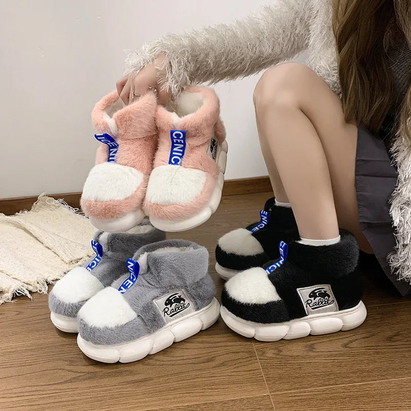 Women Warm Cotton Shoes Couples Winter Home Slippers Soft Plush Thick Sole Fluffy Footwear Female Male Indoor Street Snow Boots
