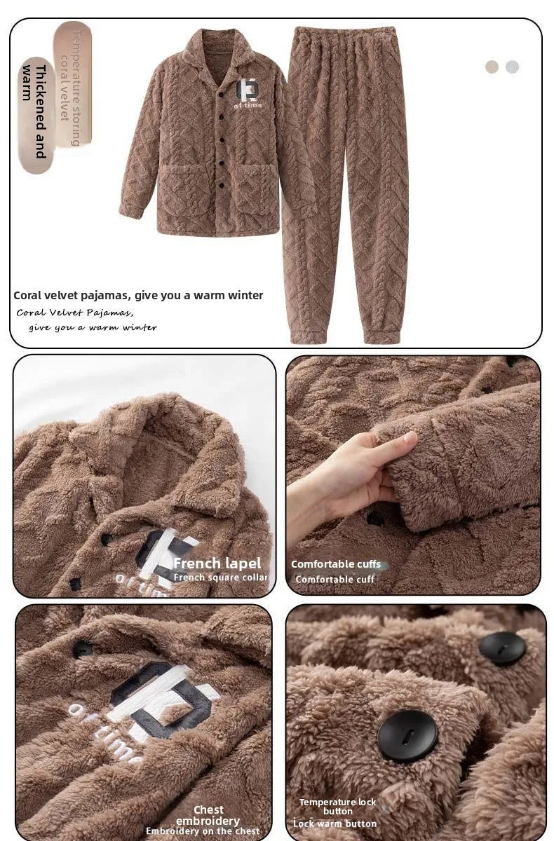 2025 Autumn Winter Coral Fleece Thickened Flannel Sleepwear Home Clothes Set for Men Breathable Long Sleeve Long Pants Pajamas