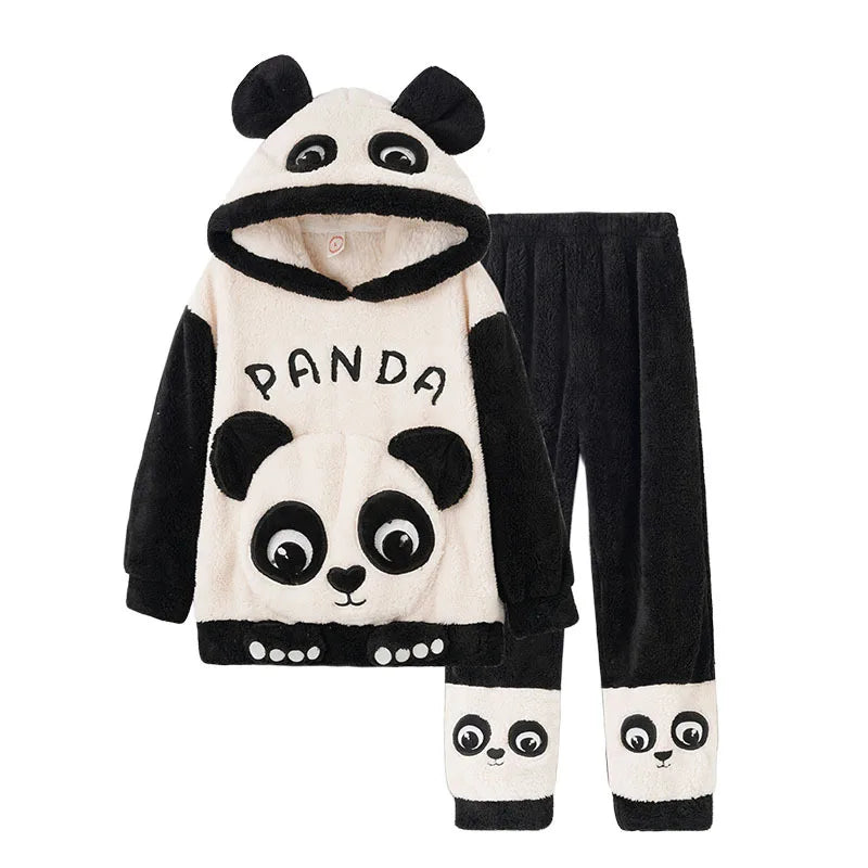 Winter Kids Fleece Pajamas Panda Children Clothing Sets Thick Hooded Pijamas for 4 6 8 12 Years Animal Cartoon Warm Home Clothes