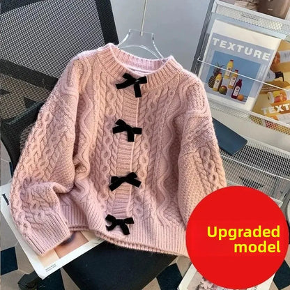 Women's Spring Autumn Butterfly Knot Sweater Coat Soft Tassel Twist Outerwear Cardigan round Neck Full Sleeve Retro Japanese Laz