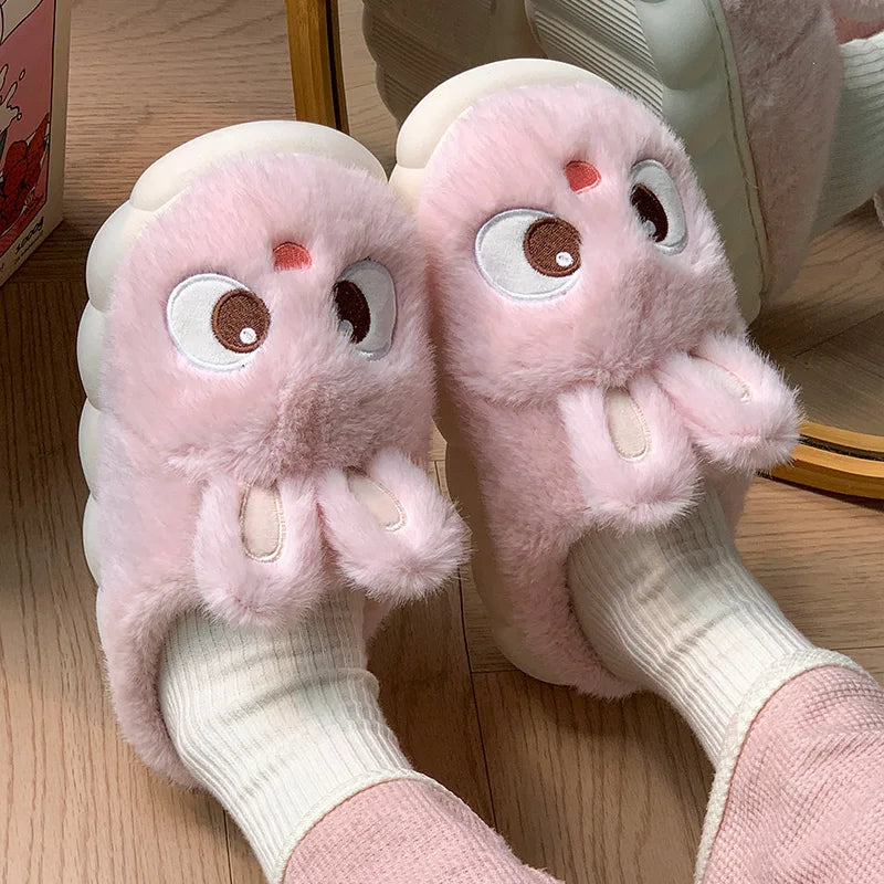 Cute Rabbit 2024 Women's Home Slippers Flat Heel New Women's Slippers Round Toe Casual Winter Warmth Daily Life Plaid Casual Autumn and Winter Shoes Fur Slippers Couple Men's Slippers