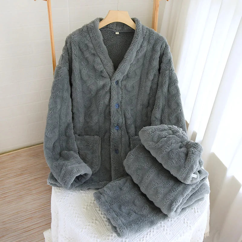 Thickened Flannel V-Neck Couple Sleepwear Long Sleeve Home Clothes Set for Autumn Winter Warm Polyester Fiber Open Cardigan