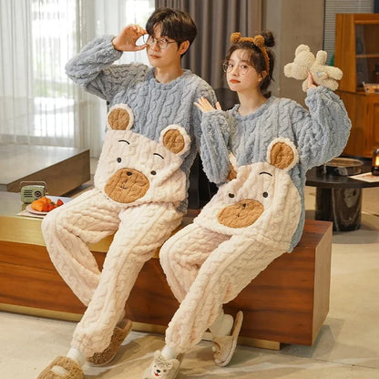 Thickened Coral Fleece Long Sleeve Sleepwear for Couples Spring Autumn Winter Flannel Warm Home Clothes Men Women Winter Home Py