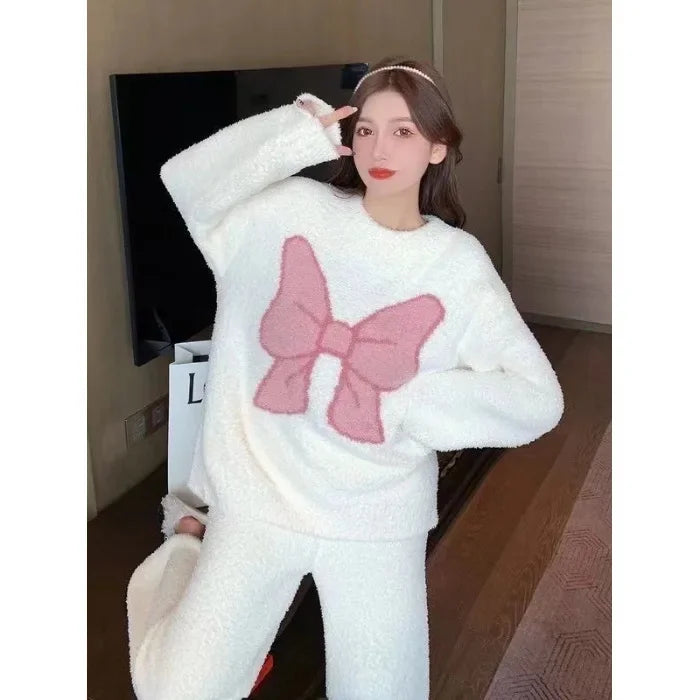 2024 New Women's Sleepwear Autumn/Winter Thickened Fleece-Lined Sweet Cute Coral Velvet Home Suit Cross-Border